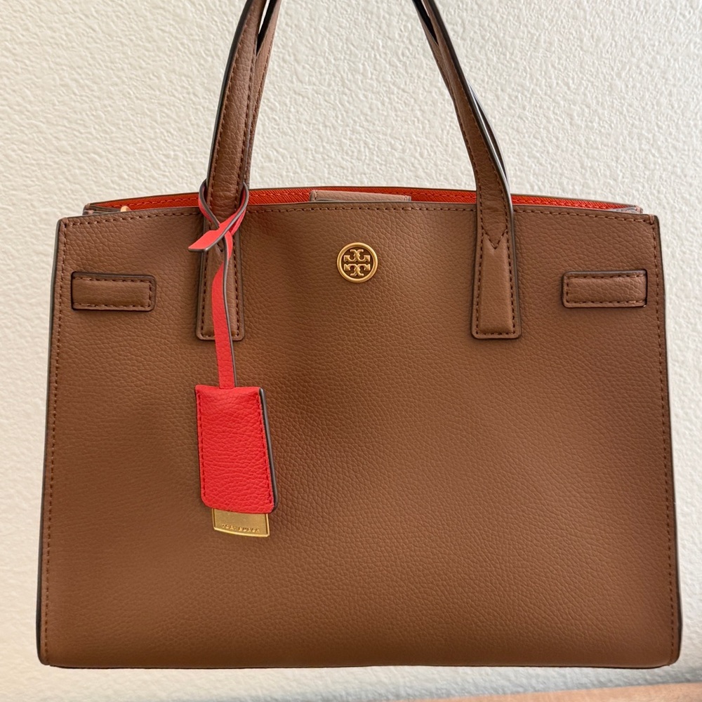 Tory Burch Walker Leather Satchel in brown with red hanging tag